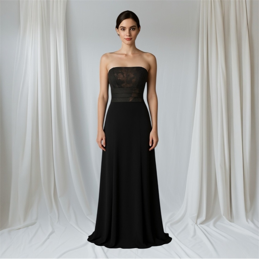 Badgley Mischka Black Long Strapless Gown SZ 8 Metallic Red At Top Formal Weddin